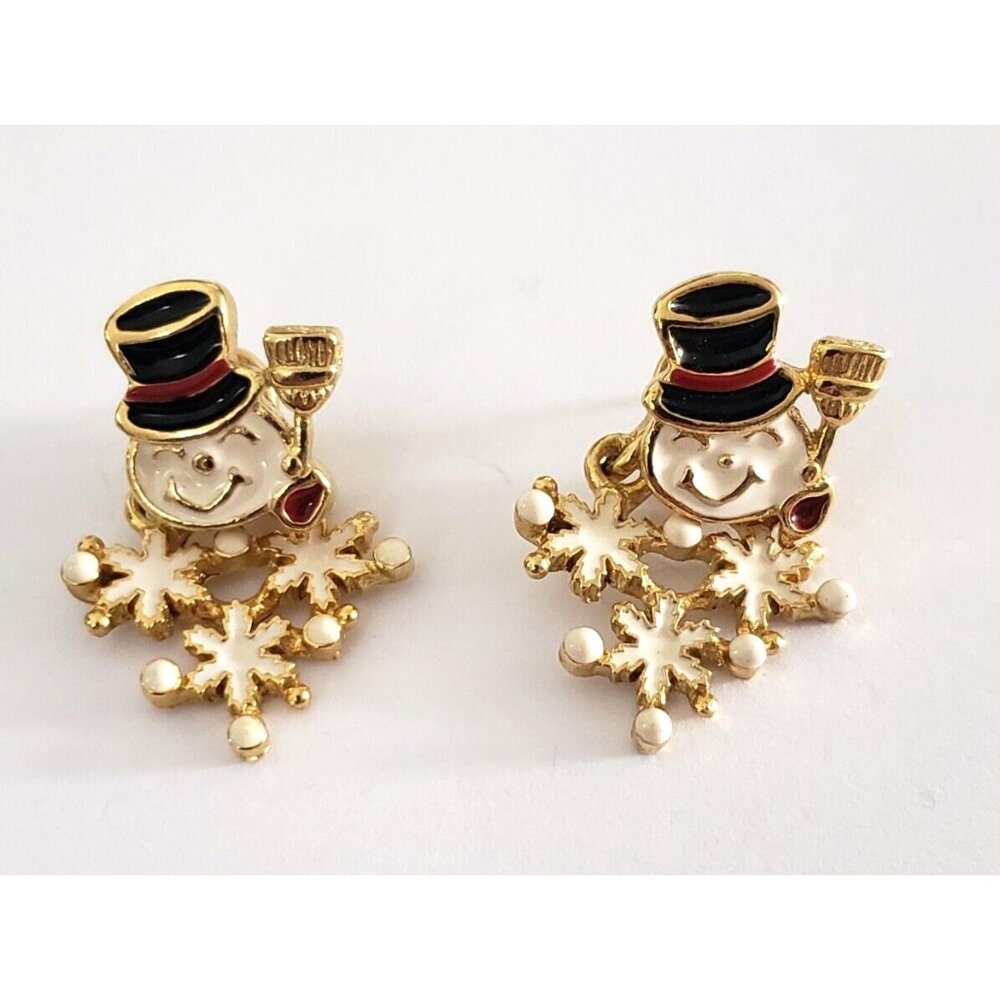Snowmen Wearing Hats Holding Broom Snowflake Dangle Pierced Earrings Vintage